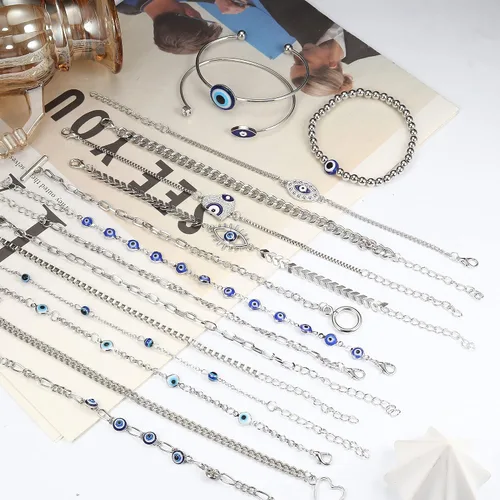 Miniatura 2 de ORAZIO Juego de 16 pulseras de protección contra el mal de ojo, pulseras estéticas de cadena apilables, pulseras mexicanas, joyas de oro contra