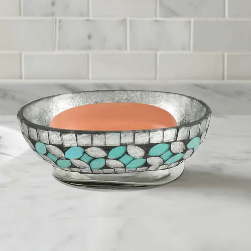 Miniatura 6 de nu steel Jabonera de espuma marina en azul aguamarina/mosaico de vidrio plateado/acero inoxidable para baños y espacios de tocador