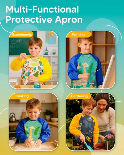 Miniatura 5 de Oiomniv Delantal de Arte para Niños – Delantal de Pintura de Manga Larga Impermeable con 3 Bolsillos, Delantal Lavable para Niños Pequeños y Niños