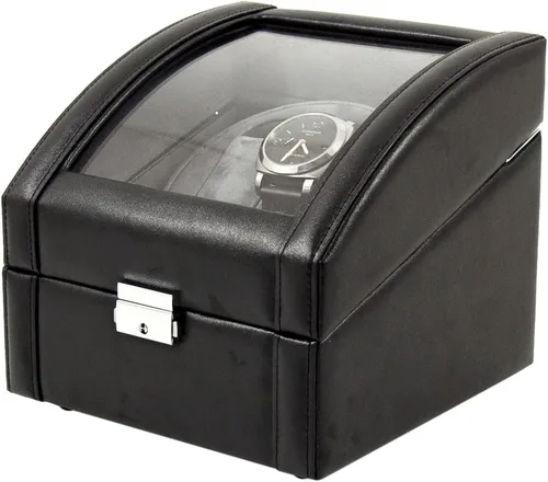 Bey-Berk BB585BLK Bobinadora de cuero negro con parte superior de vidrio y cierre de bloqueo. Incluye 2 almohadas de reloj para tamaños de muñeca