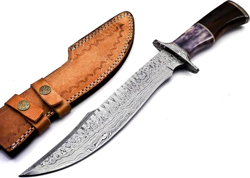 Miniatura 5 de Nooraki BK-40 Cuchillo de Caza de Acero Damasceno Hecho a Mano de 15 Pulgadas - Hermoso Mango de Madera de Palisandro, Hueso y Cuerno de Toro
