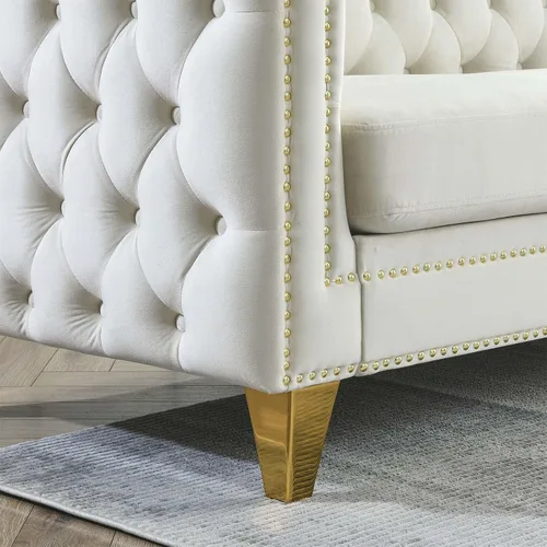 Miniatura 7 de Antetek Sofás en forma de L para sala de estar, moderno sofá de terciopelo con botones y reposabrazos cuadrados incrustados con cabezas de uñas Beige