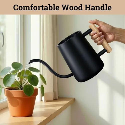 Miniatura 7 de Regadera de metal de 35 onzas, pequeña para interior, con boquilla larga y mango de madera real para plantas de casa, suculentas, cactus y plántulas