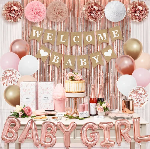 Miniatura 7 de Ouddy Party Decoraciones de Baby Shower Oro Rosa para Niña con Pancarta Welcome Baby Niñas Bebés Globos de Papel de Aluminio Oro Rosa Rosa Dorado