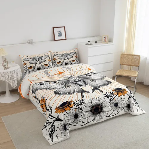 Miniatura 3 de Erosebridal Juego de ropa de cama de polilla blanca y negra para niños y niñas, juego de edredón de flores de diente de león, tamaño individual