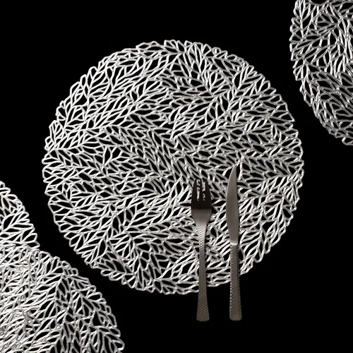Miniatura 6 de FunWheat Juego de 6 manteles individuales redondos de vinilo plateado metálico de 15 pulgadas, manteles individuales huecos, resistentes al calor