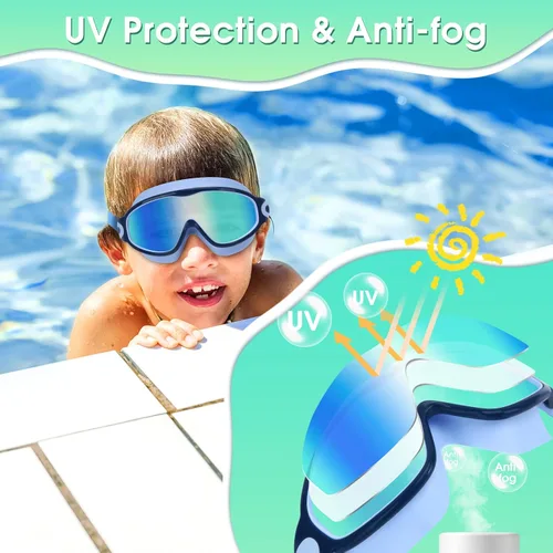 Miniatura 4 de EverSport Paquete de 2 gafas de natación para niños, gafas de natación antivaho para niñas y niños de 3 a 15 años Espejo morado y rosa