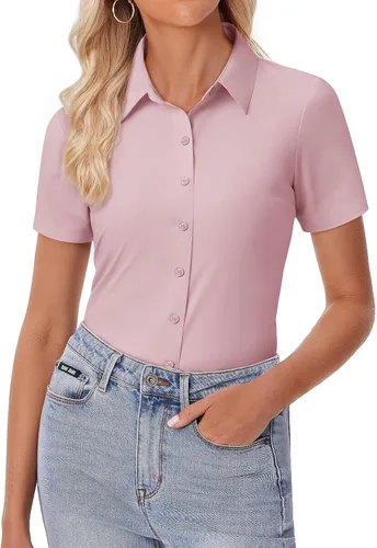 Miniatura 13 de siliteelon Camisa de vestir con botones para mujer, ajustada, elástica, de manga corta, sin arrugas, sólida, formal, para el trabajo