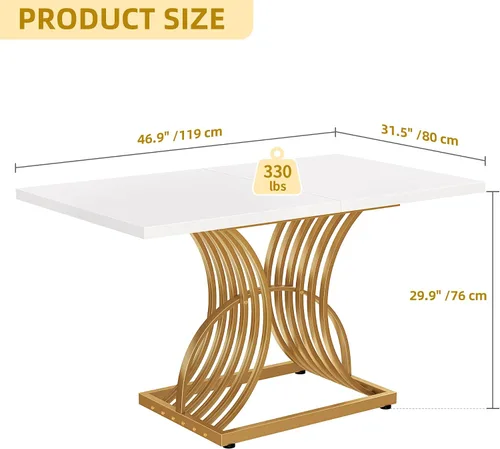 Miniatura 2 de DWVO - Mesa de comedor moderna de 47 pulgadas para 4 personas, mesa rectangular de cocina con superficie blanca y patas geométricas doradas, mesa
