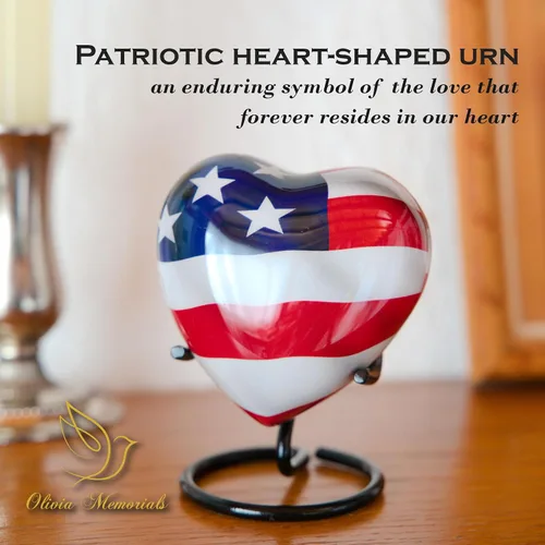 Miniatura 2 de Urna de corazón de bandera estadounidense, urna de cremación de corazón pequeño con soporte y caja, mini urna patriótica para policía veterana, urna