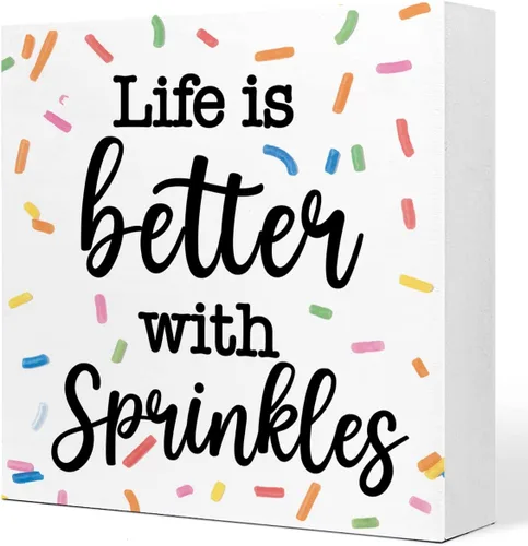 Letrero de madera con texto en inglés "Life with Sprinkles", decoración de casa de muñecas, divertido letrero de madera para panadería, guardería,