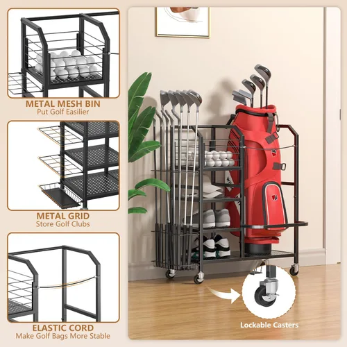 Miniatura 4 de Golf Bag Storage Organizer for Garage, Single Golf Bag Garage Organizer with Golf Club Rack, Shoe Shelves & Ball Storage, Rolling Golf Storage Rack
