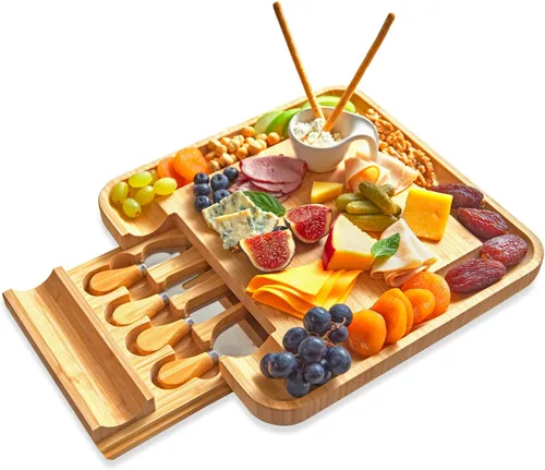 RoyalHouse Juego de tabla de queso de bambú y cuchillos con cajón deslizante para cubiertos, juego de tablas de charcutería y plato de queso,