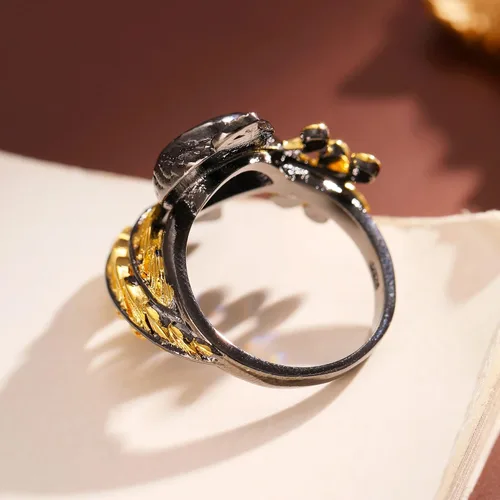 Miniatura 7 de Gothic Golden Feather Amethyst Rings - Black Peacock Rhinestone Copper Rings