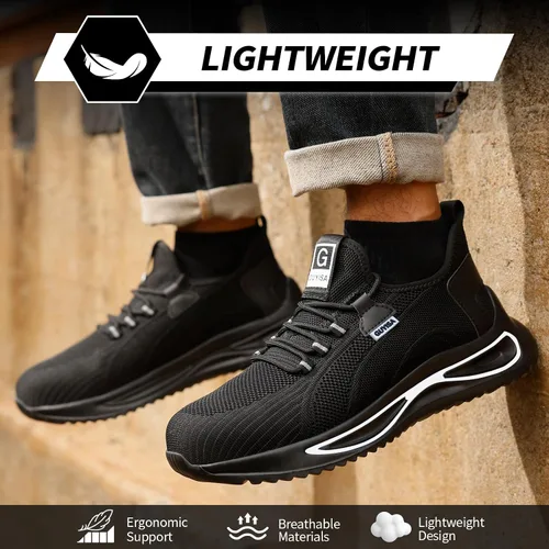 Miniatura 4 de GLANOUDUN Zapatos de punta de acero para hombre, zapatos de trabajo ligeros para hombres, zapatos de trabajo negros con punta de acero, zapatos