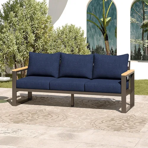 Sundale Outdoor Muebles de patio, sofá de aluminio para todo tipo de clima, sofá de metal para exteriores de 3 asientos con cojín de olefina de 6