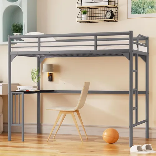 Cama alta de tamaño individual, cama alta con escritorio y estantes de almacenamiento, cama alta de metal tamaño individual con escritorio, no