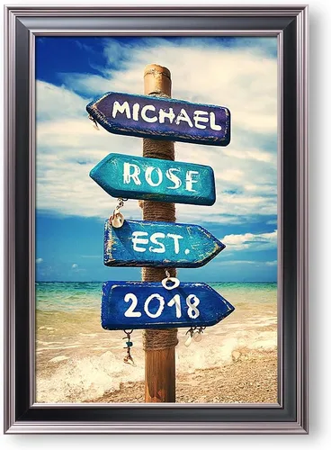 Miniatura 27 de Arte enmarcado de vacaciones con nombres de pareja en sillas de cubierta, regalo de amor perfecto para aniversario, boda. Con diferentes estilos