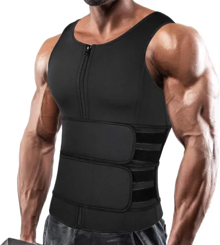 SHAPERIN - Chaleco de neopreno para hombre, faja reductora efecto sauna, estilo camiseta sin mangas con zíper y dos cinturones Negro