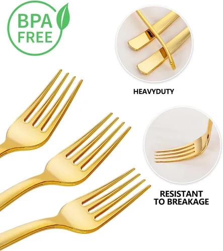 Miniatura 6 de YOUBET 50 tenedores de plástico dorado – Tenedores de plástico resistentes – cubiertos desechables dorados sólidos y duraderos para fiestas, picnic