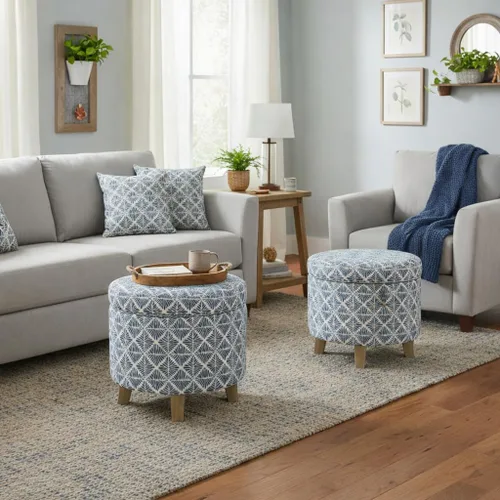 Miniatura 2 de Homepop Decoración del hogar Otomana redonda tapizada de almacenamiento Otomana con almacenamiento para sala de estar y dormitorio con patas Azul