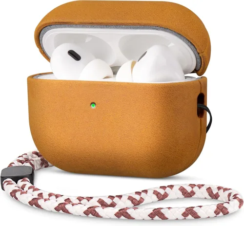Miniatura 8 de Maogoam Funda de cuero genuino para AirPods Pro 2, botón de sincronización, diseño de clip en D con cordón de mano, funda de cuero encerado