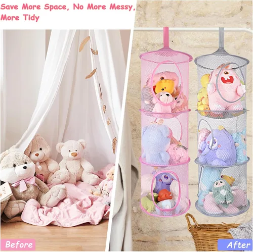 Miniatura 4 de ChezMax Almacenamiento de malla colgante para animales de peluche, paquete de 2 unidades, organizador grande de red de animales de peluche, bolsas
