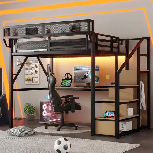 Miniatura 24 de Base de cama Queen Loft con escaleras y almacenamiento, marco de cama de metal resistente, capacidad de 800 libras, para adultos y adolescentes