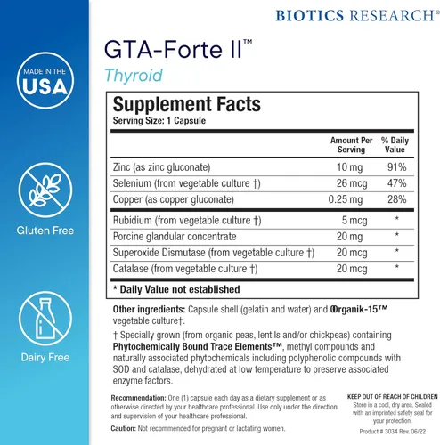 Miniatura 5 de Biotics Research GTA Forte II Suplemento de selenio con zinc, cobre, glandular porcino y rubidio, apoyo de glándulas endocrinas, equilibrio hormonal