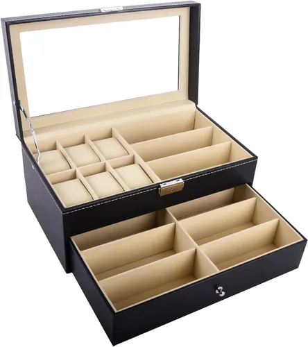 Miniatura 2 de Autoark Caja de joyería de cuero para 6 relojes y 9 piezas de almacenamiento para lentes y lentes de sol organizador de caja con bloqueo negro AW-048