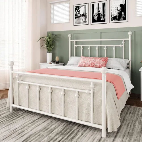 Miniatura 3 de Allewie Armazón de Cama de Plataforma de Metal de 14 Pulgadas Tamaño Queen con Cabecera y Pie de Cama Vintage Victoriano/Base de Blanco