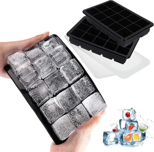 LessMo Bandeja para cubitos de hielo con tapa, 2 unidades, moldes de silicona para cubitos de hielo, fácil liberación, 15 cubitos de hielo cuadrados