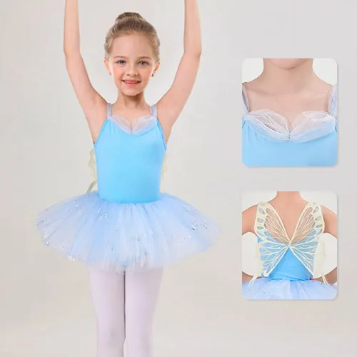 Miniatura 3 de IBAKOM Leotardos de ballet para niña, trajes de bailarina, vestido de baile de ballet con volantes de mariposa, falda de baile de lentejuelas