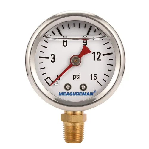 Miniatura 9 de MEASUREMAN - Manómetro, 0 a 15 psi, relleno glicerina, esfera 1.5 pulgadas, caja acero inoxidable 304, montaje central posterior 1/8 NPT, adaptador