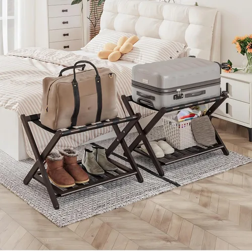Miniatura 10 de Smart FENDEE Portaequipajes negro totalmente montado, soporte para maleta con estante para zapatos, soporte de equipaje plegable de madera