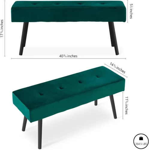Miniatura 2 de Homedot Banco para entrada, banco de comedor tapizado sin brazos, elegante banco de terciopelo para sala de estar, copetudo con patas de metal