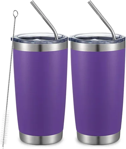 COMOOO Taza de viaje aislada al vacío de doble pared de 20 onzas, vaso de acero inoxidable con tapa y pajita, taza de café aislada con recubrimiento