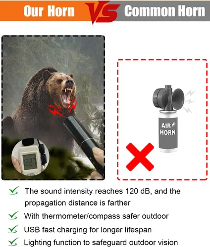 Miniatura 3 de Bocina de aire electrónica de 120dB con luz, brújula y termómetro - Bocina para osos para asustar a los osos - Autodefensa para senderismo, carga USB
