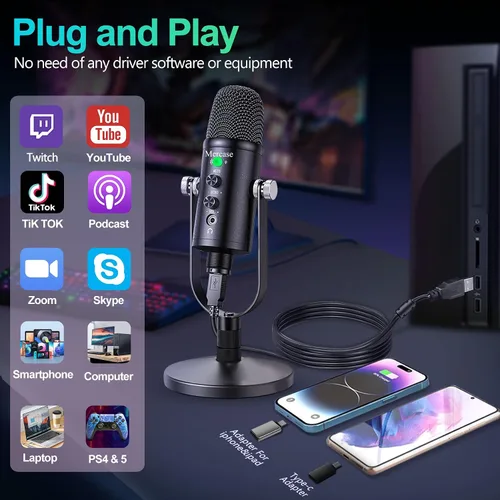 Miniatura 2 de Micrófono de condensador USB para PC, Mac, teléfonos, PS4/PS5 – Micrófono de estudio Plug & Play con botón de silencio y reducción de ruido