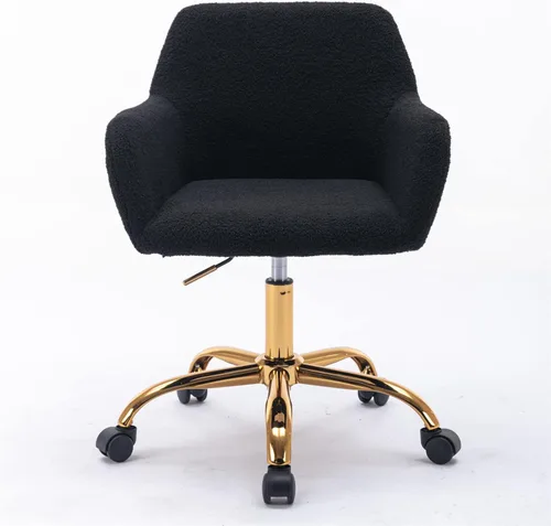 Miniatura 3 de Silla de tocador negra mullida, bonitas sillas de escritorio de piel sintética con patas de metal dorado ajustables en altura ajustable, silla Patas