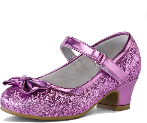 K KomForme Mary Jane - Zapatos de vestir para niña con purpurina de 1.5 pulgadas, tacón bajo, para boda, fiesta, princesa, zapatos para niños