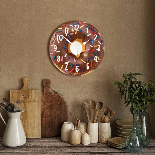 Miniatura 4 de Reloj de pared redondo de madera con forma de dona y alimento, movimiento de barrido, reloj de pared de estilo moderno, adecuado para dormitorio