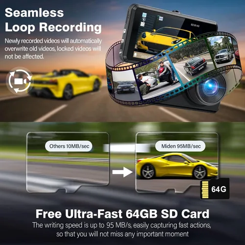 Miniatura 4 de Cámara de tablero dual 2K para automóviles, tarjeta SD 64G gratis, cámara de tablero FHD 2K+1080P frontal y trasera, pantalla IPS de 3.2'', cámara