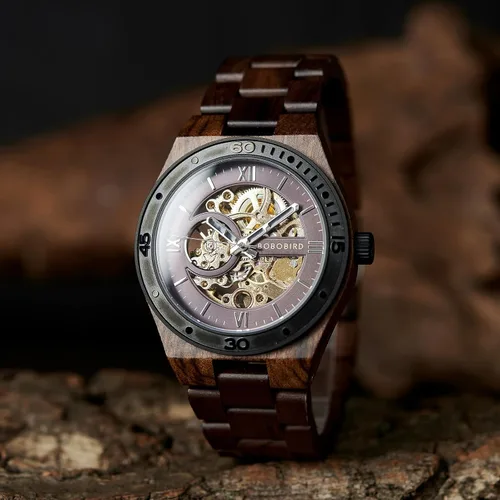 Miniatura 2 de BOBO BIRD Relojes de madera para hombre, reloj mecánico de esqueleto, relojes de pulsera ligeros de lujo con correa de madera natural de colección