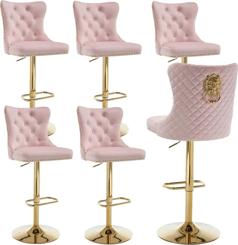 Miniatura 16 de Taburetes de bar negros juego de 2 sillas de cocina giratorias de terciopelo con respaldo alto acolchado, taburetes dorados modernos tapizados