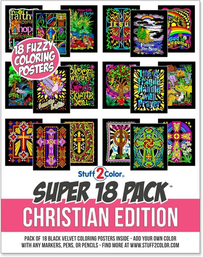 Paquete de 18 pósteres de terciopelo difuso para colorear (edición cristiana), ideal para Pascua, regalo religioso, escuela dominical para niños,