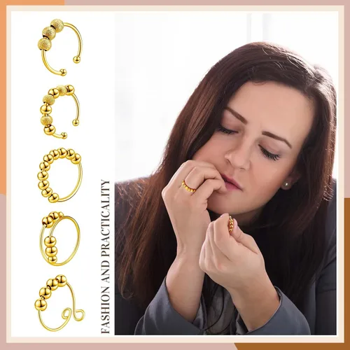 Miniatura 5 de Yinkin 30 anillos para ansiedad para mujeres, de acero inoxidable, ajustable, con cuentas, para hombres y adultos, alivio del estrés (dorado)