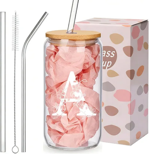 Regalos personalizados para mujeres, tazas de vidrio con monograma con tapas y pajitas, regalos personalizados para mujeres, vasos de café helado