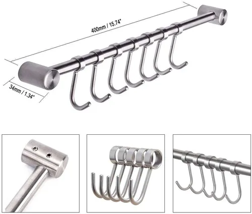 Miniatura 4 de Estantes de utensilios de cocina de acero inoxidable 304 con 7 ganchos deslizantes montados en la pared de 15 pulgadas