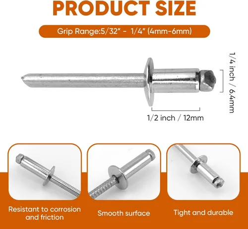 Miniatura 2 de ALLCLEAN 50 piezas de remaches ciegos profesionales de acero inoxidable de 1/4" x 1/2", remaches POP de 6,4 x 12 mm, agarre y mandril de acero